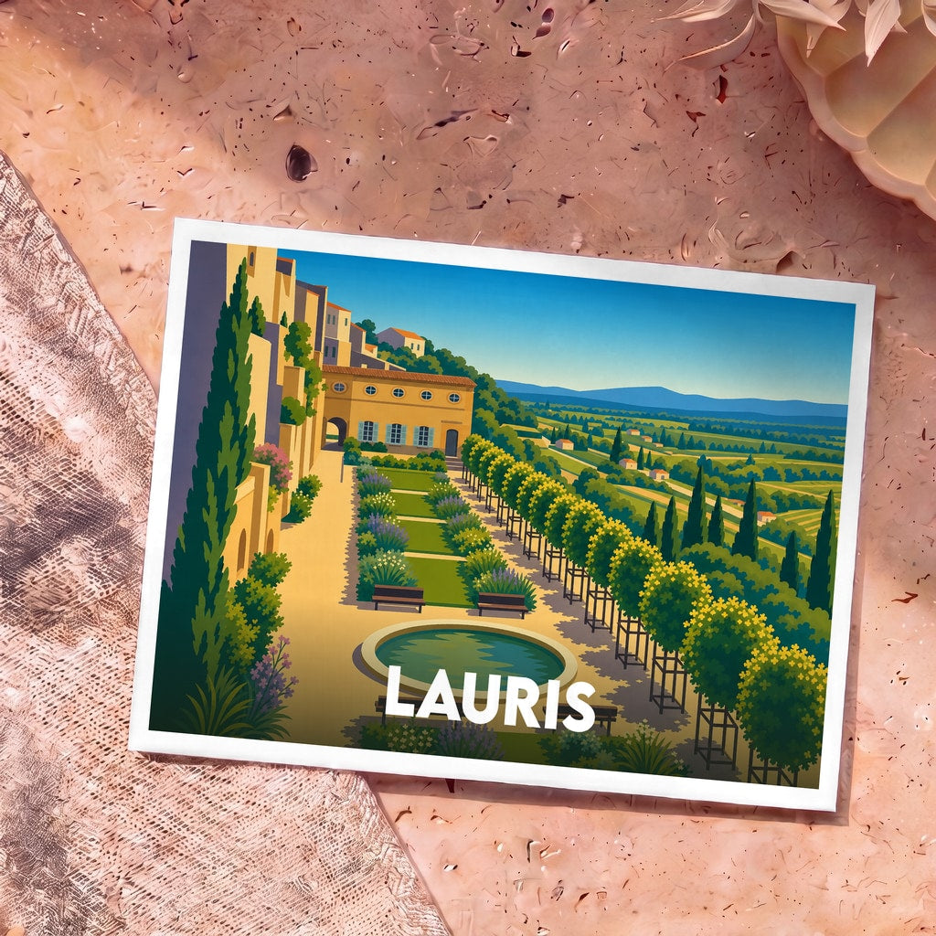 Carte postale souvenir de la ville de Lauris représentant ses jardins en terrasse et le panorama sur la vallée avec une illustration stylisée.