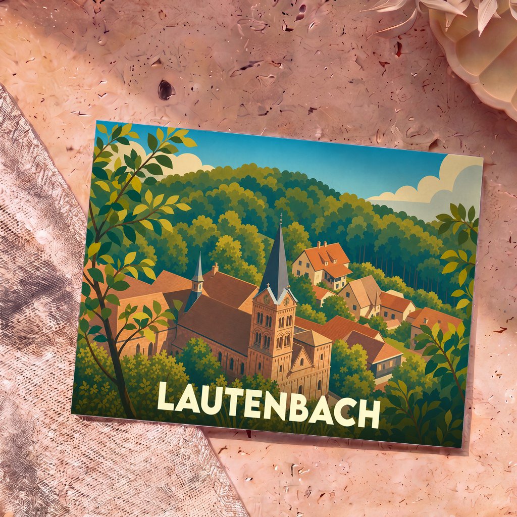 Carte postale souvenir de la ville de Lautenbach avec une illustration stylisée de son église et de ses paysages verdoyants.