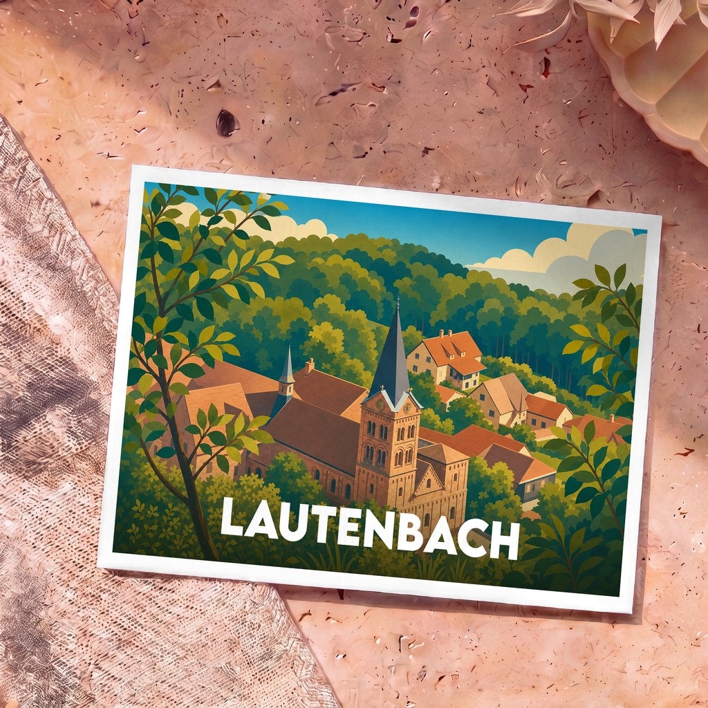 Carte postale souvenir de la ville de Lautenbach avec une illustration stylisée de son église et de ses paysages verdoyants.