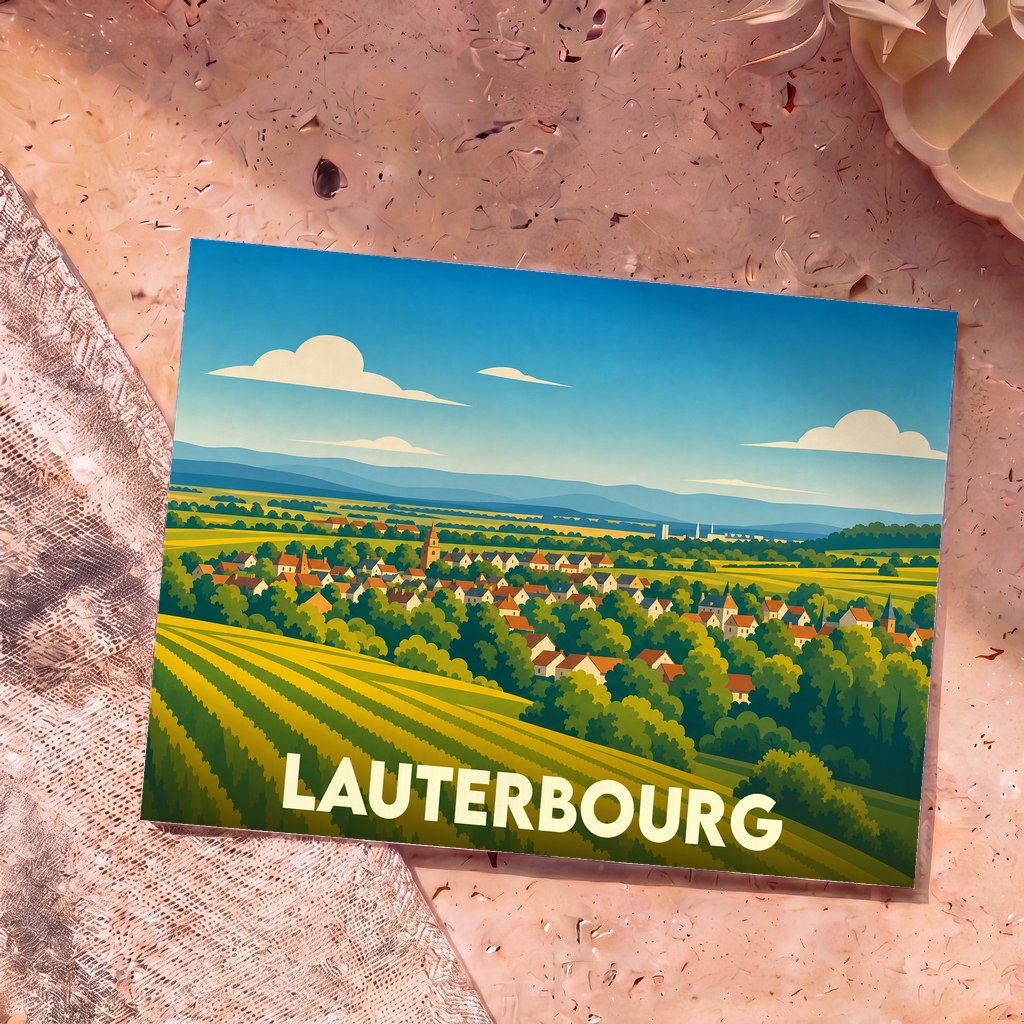 Carte postale souvenir de la ville de Lauterbourg avec une illustration stylisée de son paysage rural.