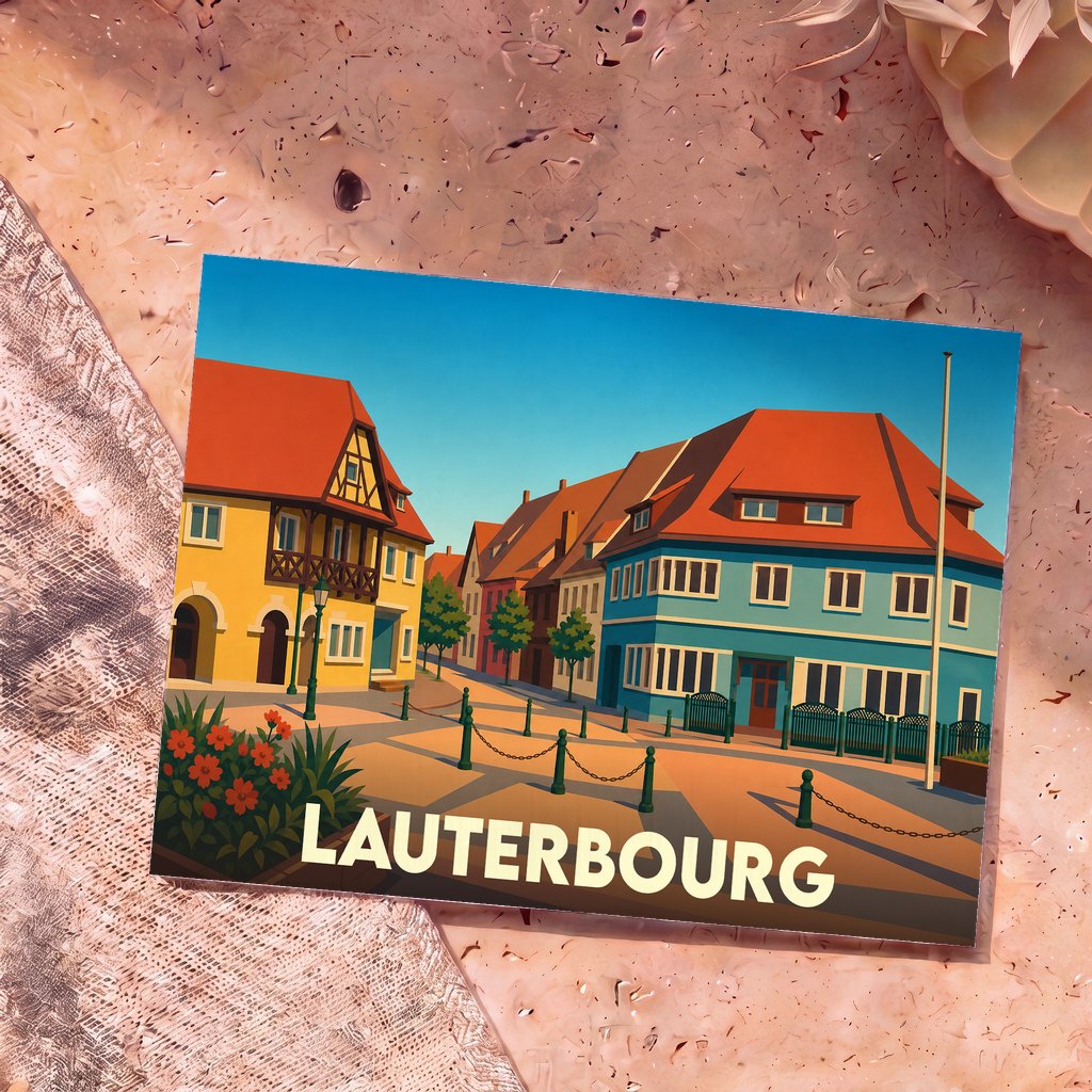 Carte postale souvenir de la ville de Lauterbourg avec une illustration stylisée et colorée de ses maisons traditionnelles.