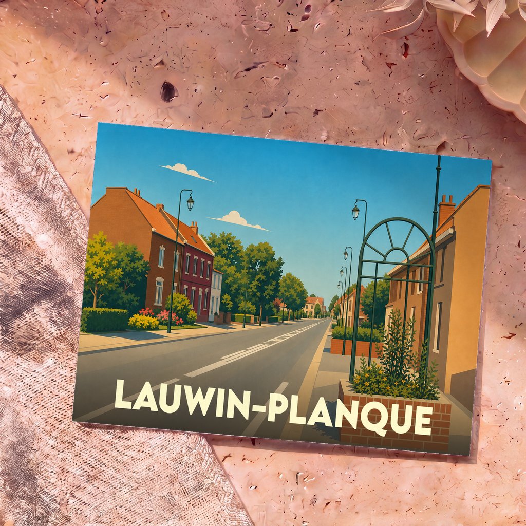 Carte postale souvenir de la ville de Lauwin-Planque avec une illustration stylisée d'une rue paisible.