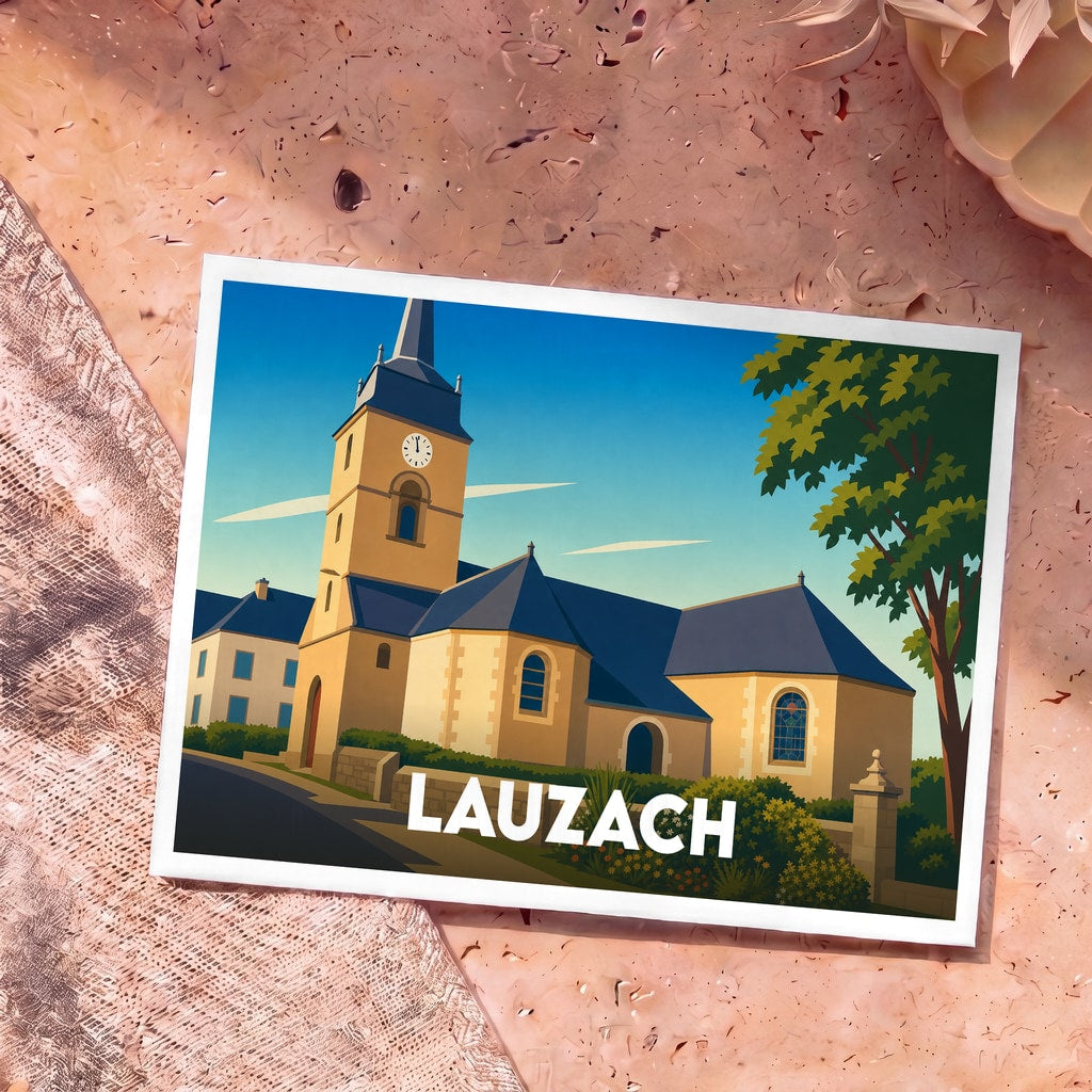 Carte postale souvenir de la ville de Lauzach avec une illustration stylisée de son église.
