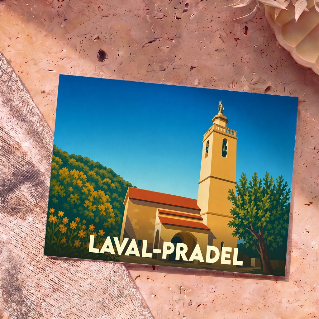 Carte postale souvenir de Laval-Pradel avec une illustration stylisée de son église et de son clocher.