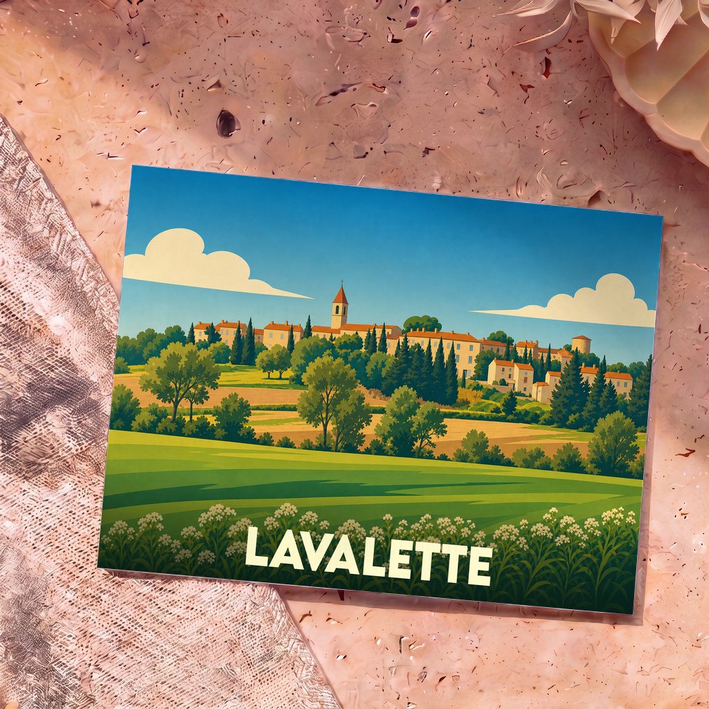 Carte postale souvenir de la ville de Lavalette avec une illustration stylisée de son paysage vallonné.