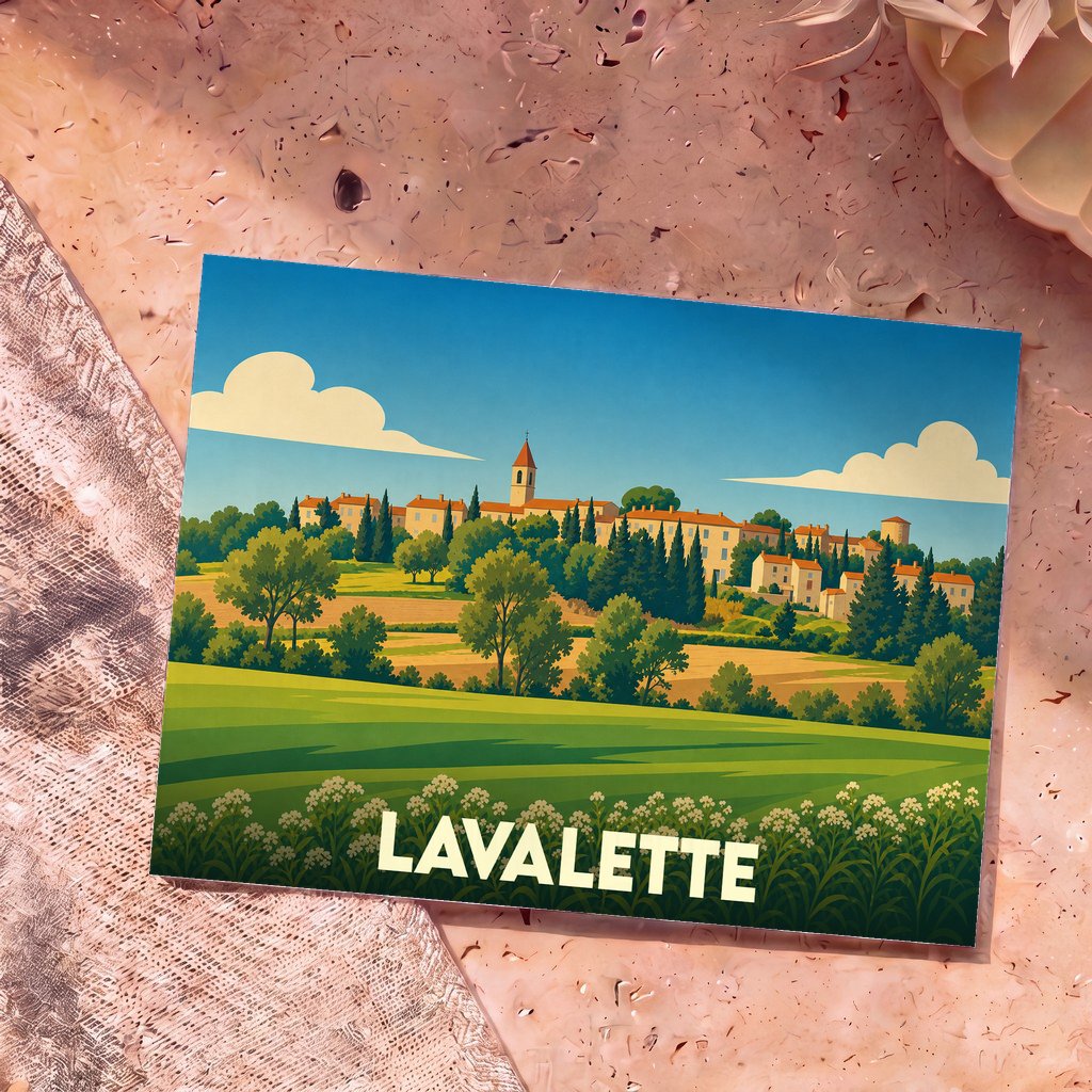 Carte postale souvenir de la ville de Lavalette avec une illustration stylisée d'un paysage de campagne.