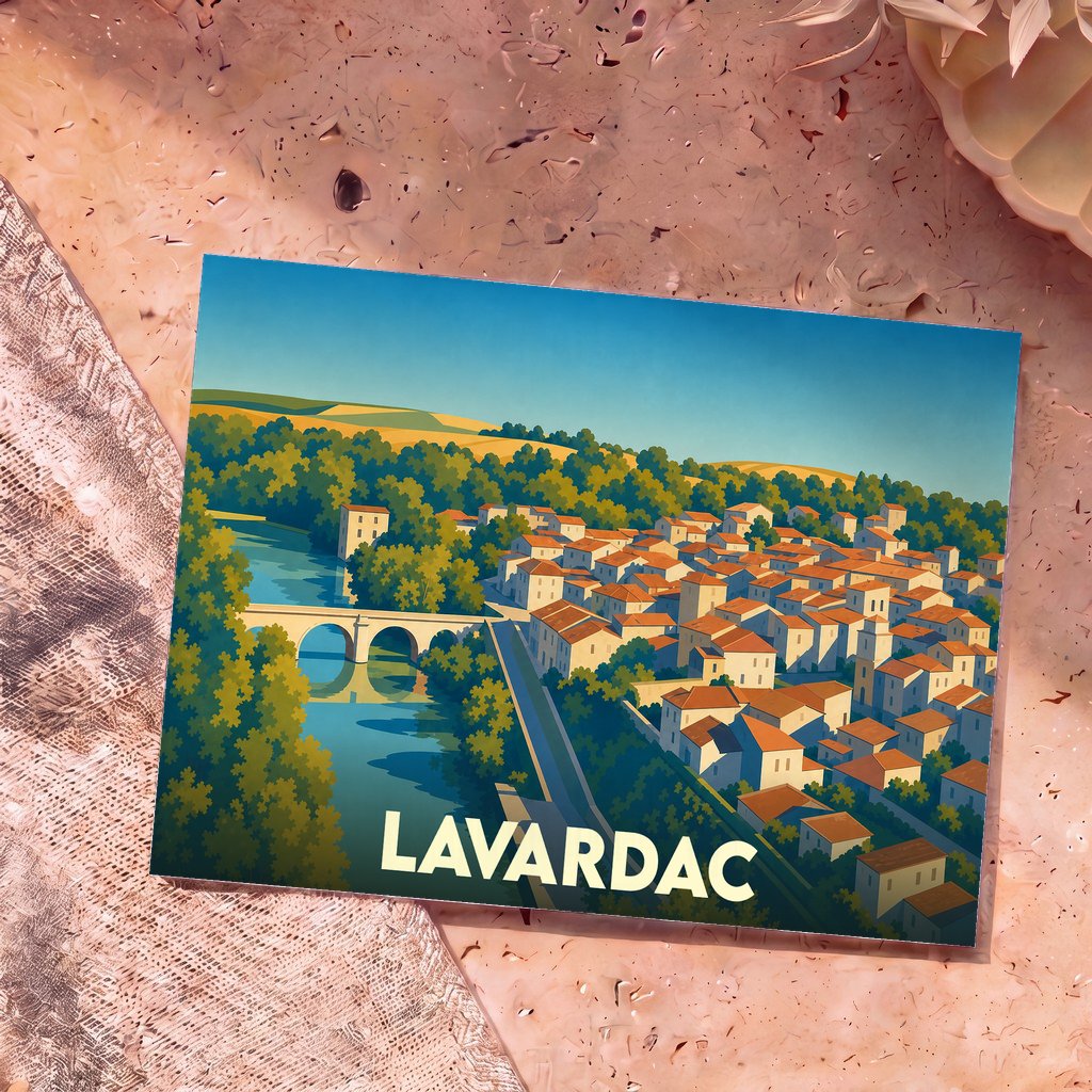 Carte postale souvenir de la ville de Lavardac avec une illustration stylisée montrant son pont et ses maisons au bord de l'eau.