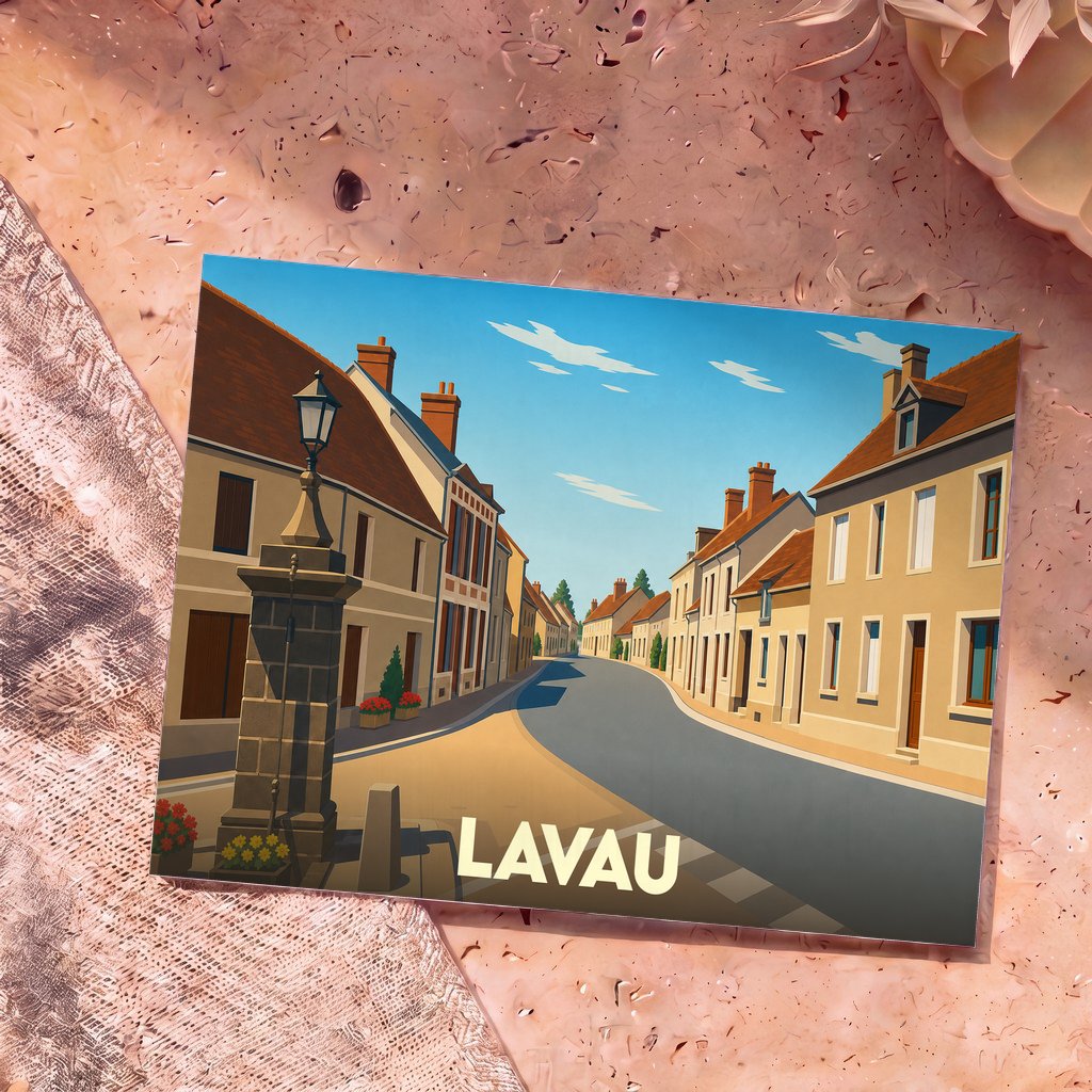 Carte postale souvenir de la ville de Lavau avec une illustration stylisée d'une rue pittoresque.