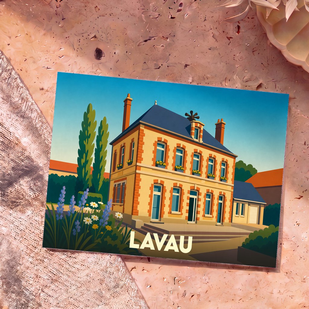 Carte postale souvenir de la ville de Lavau avec une illustration stylisée de sa mairie.