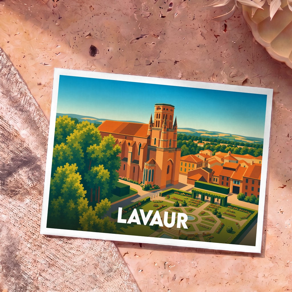 Carte postale souvenir de la ville de Lavaur avec une illustration stylisée de sa cathédrale et de ses jardins.