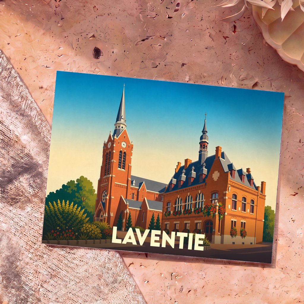 Carte postale souvenir de la ville de Laventie avec une illustration stylisée de son église et de sa mairie.