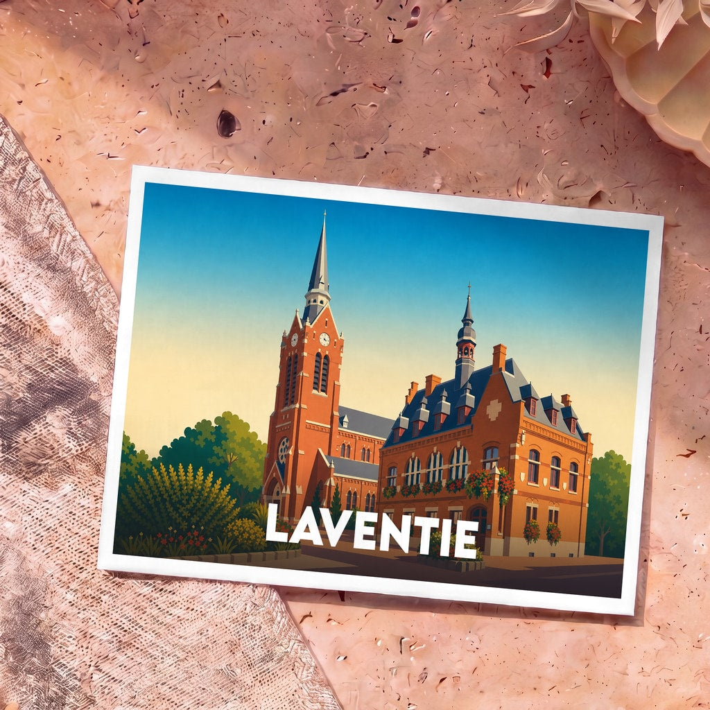Carte postale souvenir de la ville de Laventie avec une illustration stylisée de son église et de sa mairie.