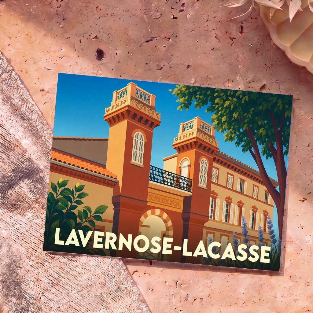Carte postale souvenir de la ville de Lavernose-Lacasse avec une illustration stylisée de son architecture locale.