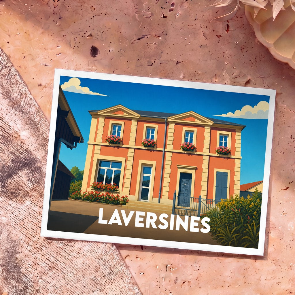 Carte postale souvenir de la ville de Laversines avec une illustration stylisée d'une maison fleurie.