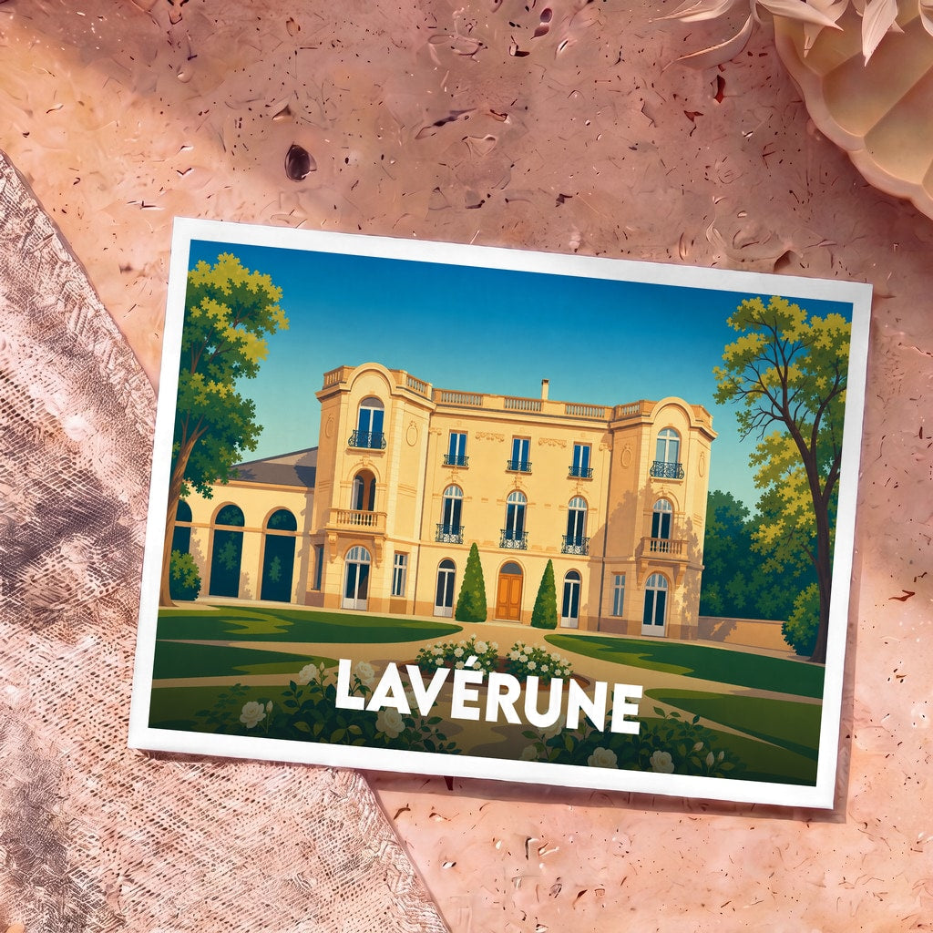 Carte postale souvenir de la ville de Lavérune illustrant le château de l’Engarran dans un style graphique épuré.