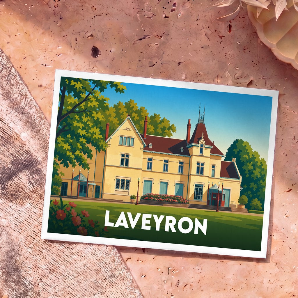 Carte postale souvenir de la ville de Laveyron avec une illustration stylisée de son château.
