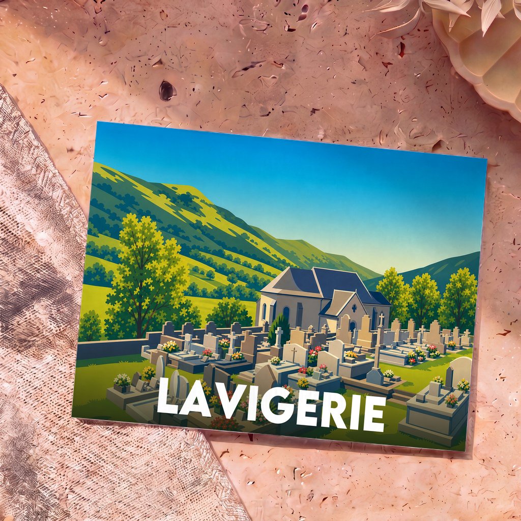 Carte postale souvenir de la ville de Lavigerie illustrant une église et un cimetière devant un paysage de montagnes verdoyantes.