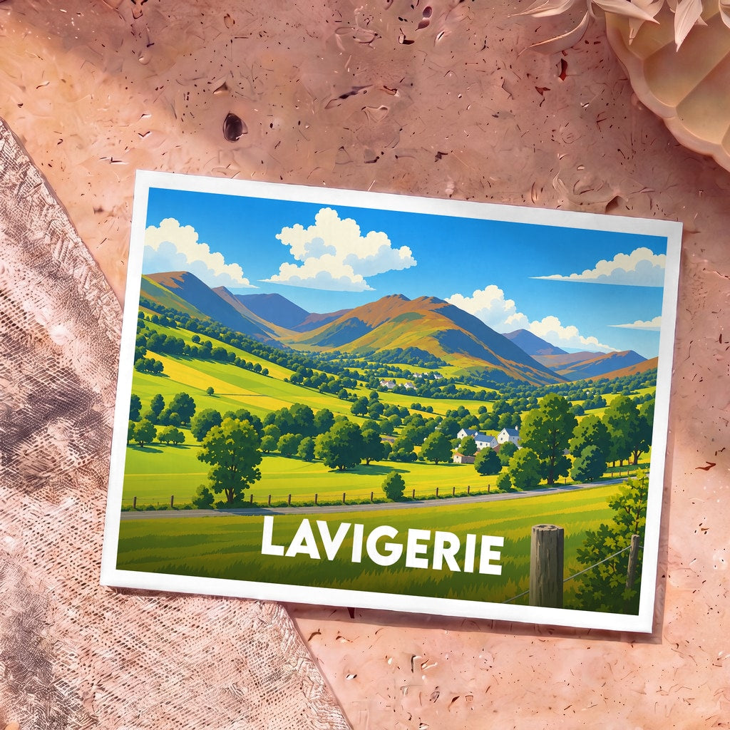 Carte postale souvenir de la ville de Lavigerie avec une illustration stylisée de paysages montagneux verdoyants.