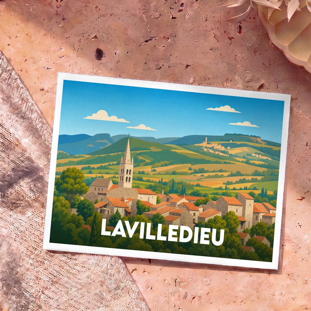 Carte postale souvenir de Lavilledieu avec une illustration stylisée d'un village pittoresque niché dans des collines verdoyantes.