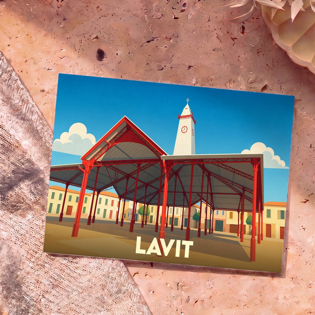 Carte postale souvenir de la ville de Lavit illustrant sa halle historique et son clocher dans un style graphique épuré.