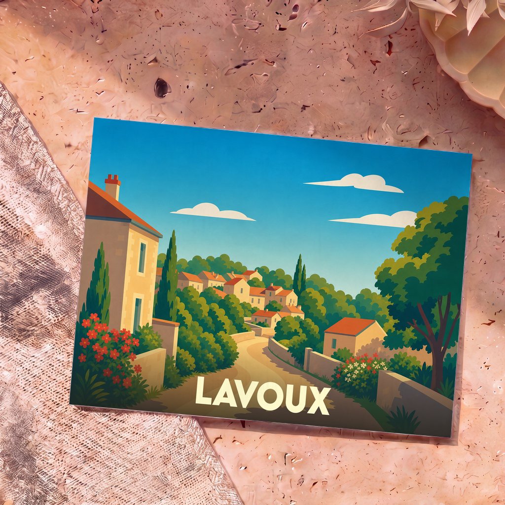 Carte postale souvenir de la ville de Lavoux avec une illustration stylisée et colorée d'un village pittoresque.