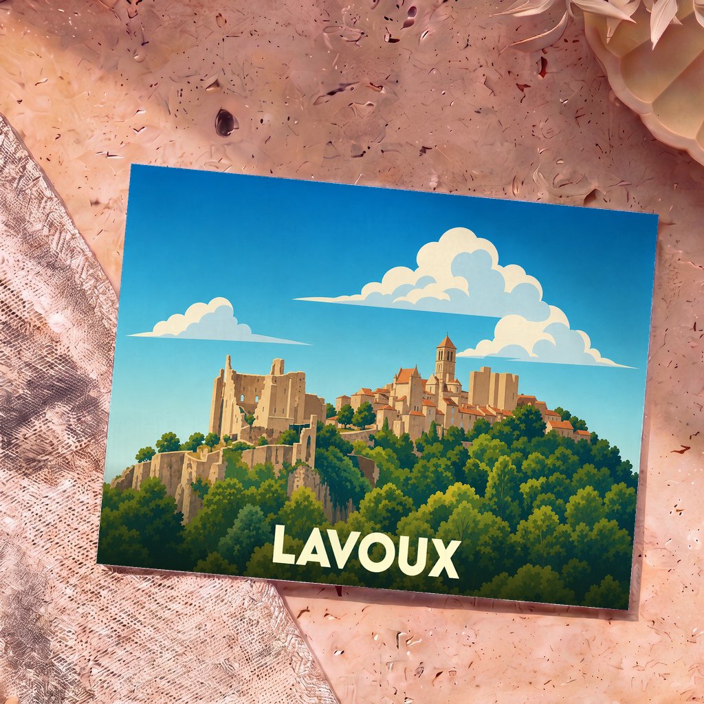 Carte postale souvenir de la ville de Lavoux avec une illustration stylisée de sa cité médiévale et de sa forêt.