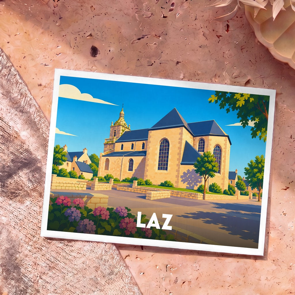 Carte postale souvenir de la ville de Laz avec une illustration stylisée de son église.