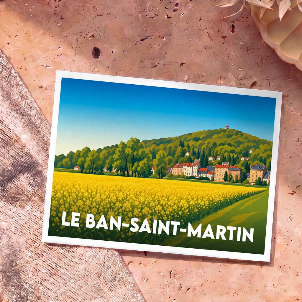 Carte postale souvenir de la ville de Le Ban-Saint-Martin avec une illustration stylisée d'un champ de fleurs jaunes au pied d'une colline boisée.