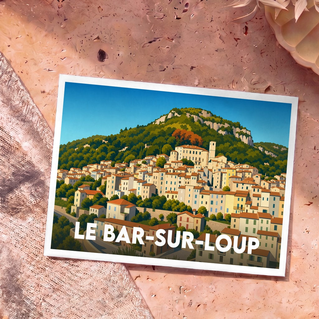 Carte postale souvenir de la ville de Le Bar-sur-Loup avec une illustration stylisée du village perché.