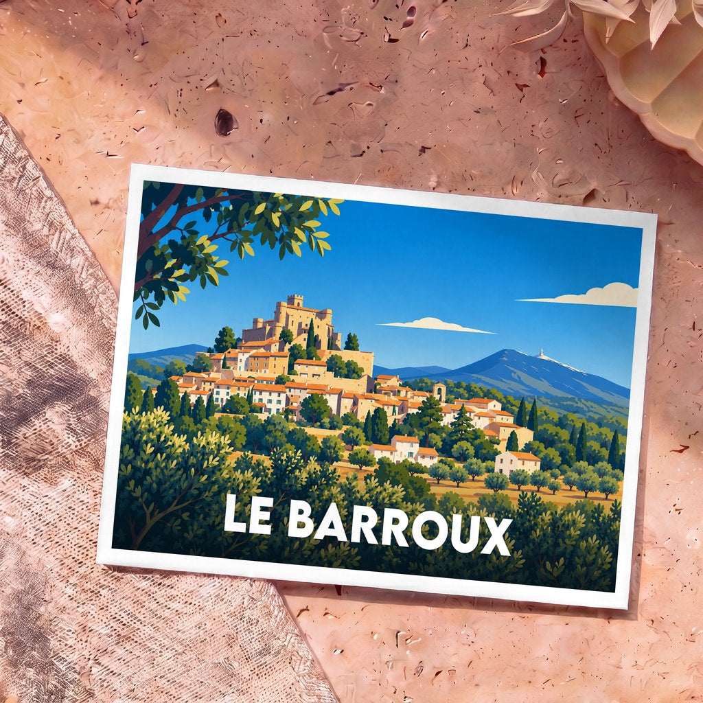 Carte postale souvenir de la ville de Le Barroux avec une illustration stylisée de son château et du Mont Ventoux.