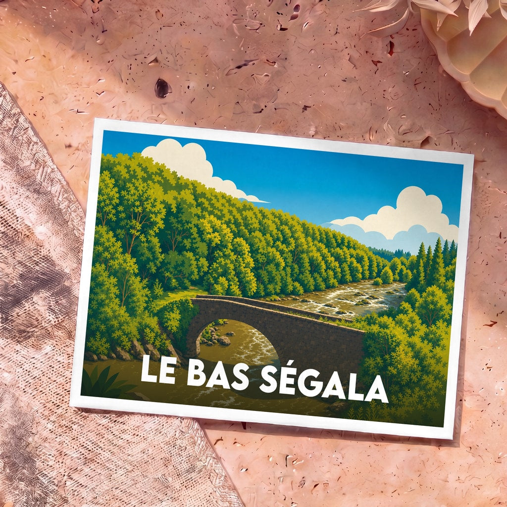Carte postale souvenir de Le Bas Ségala avec une illustration stylisée d'un pont en pierre dans un paysage forestier.