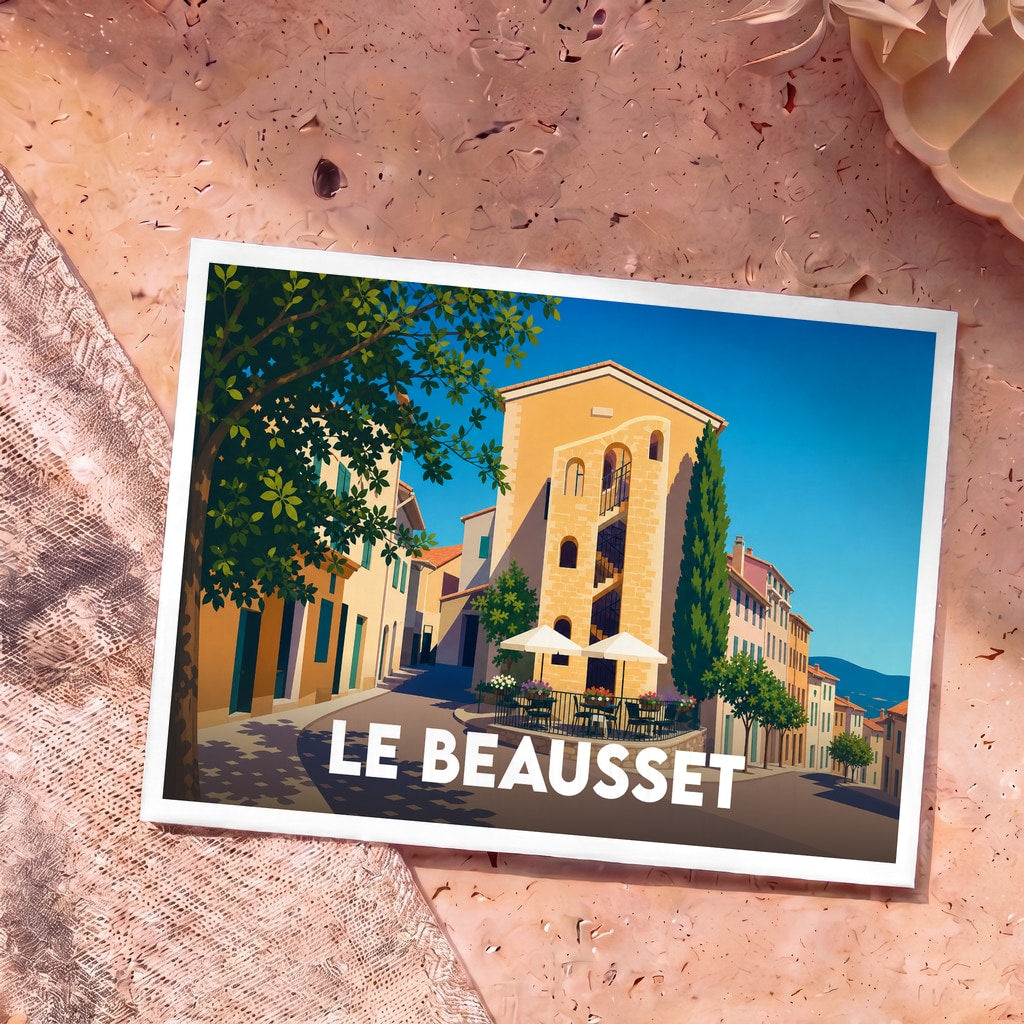 Carte postale souvenir de la ville de Le Beausset avec une illustration stylisée d'une place ensoleillée.
