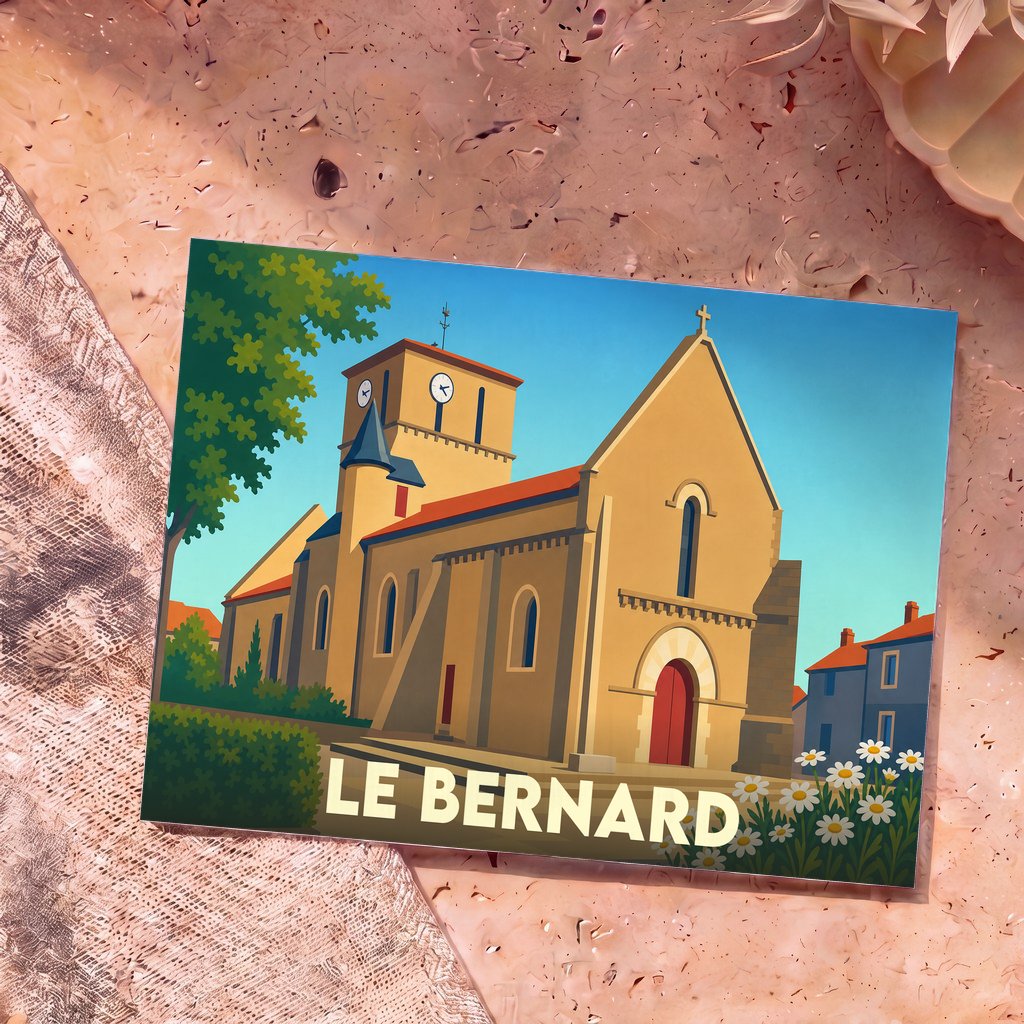 Carte postale souvenir de la ville de Le Bernard avec une illustration stylisée de son église.