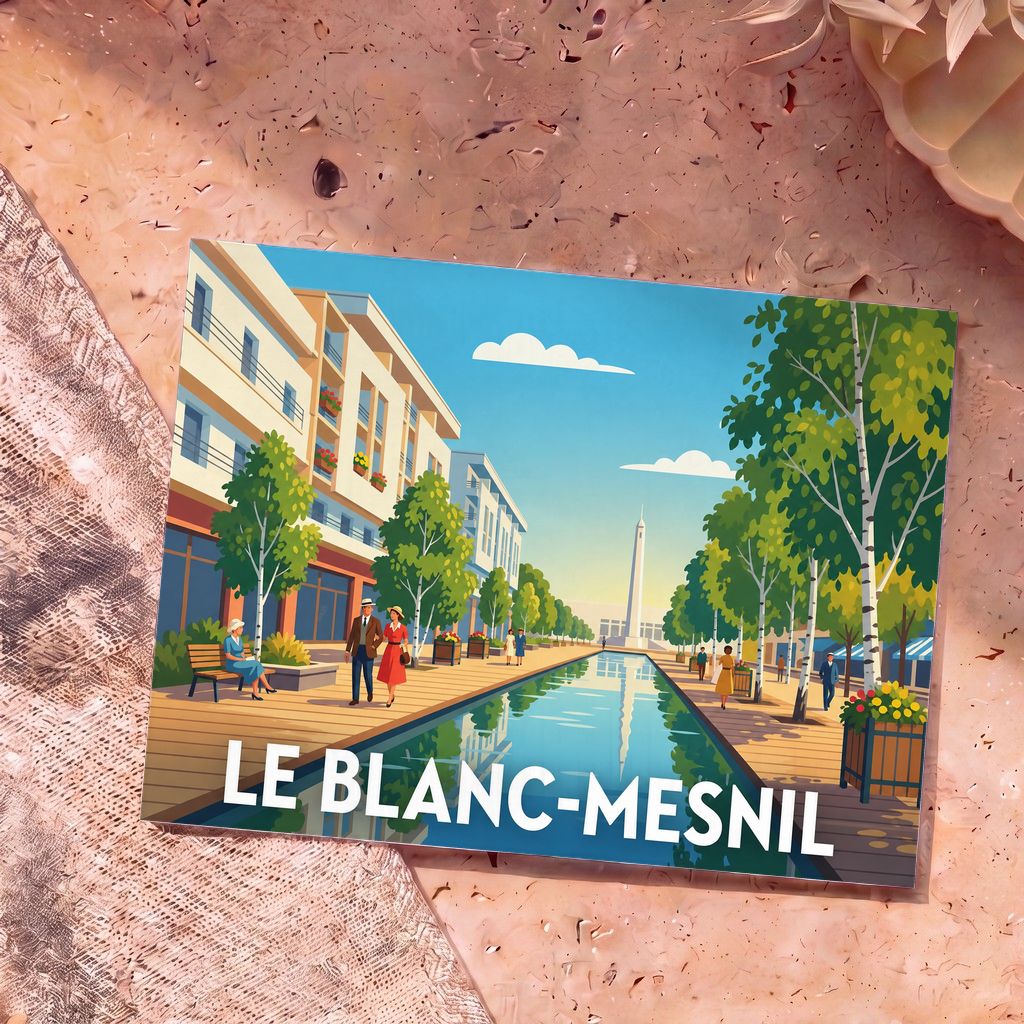 Carte postale souvenir de la ville de Le Blanc-Mesnil avec une illustration stylisée montrant une promenade arborée au bord de l'eau.