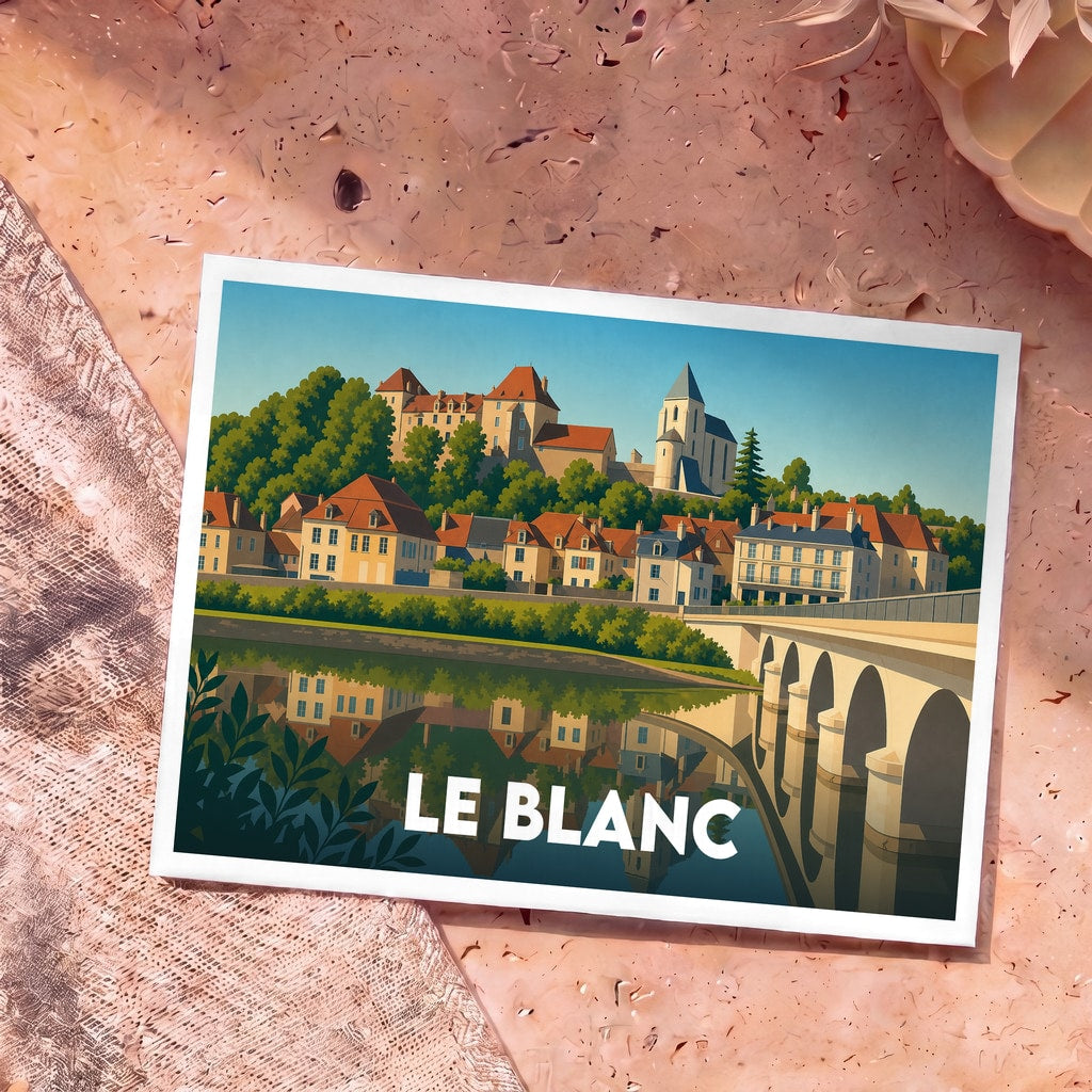 Carte postale souvenir de la ville de Le Blanc avec une illustration stylisée de son pont et de ses maisons en bord de rivière.