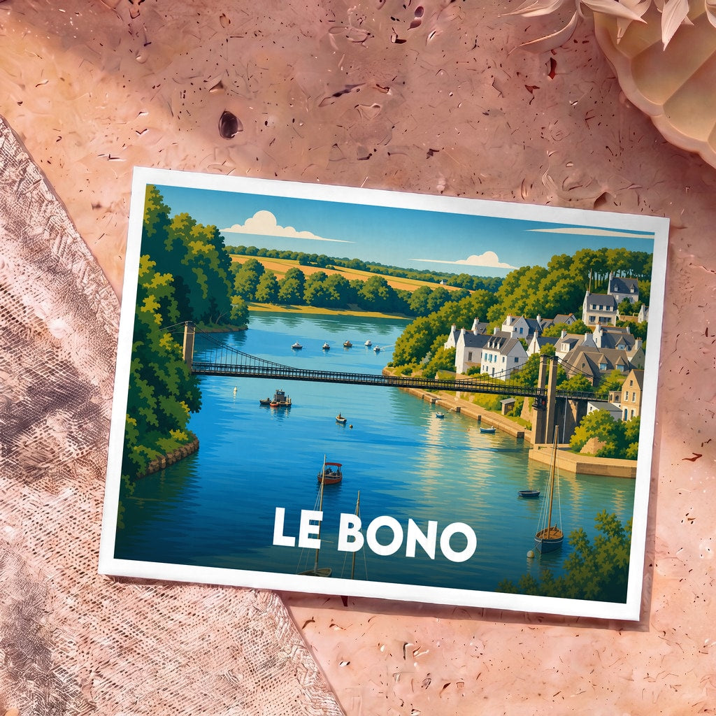 Carte postale souvenir de la ville de Le Bono avec une illustration stylisée de son pont et de son port.