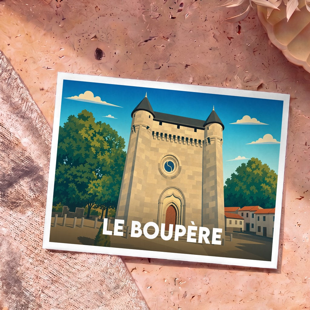 Carte postale souvenir de la ville de Le Boupère avec une illustration stylisée de son église fortifiée.