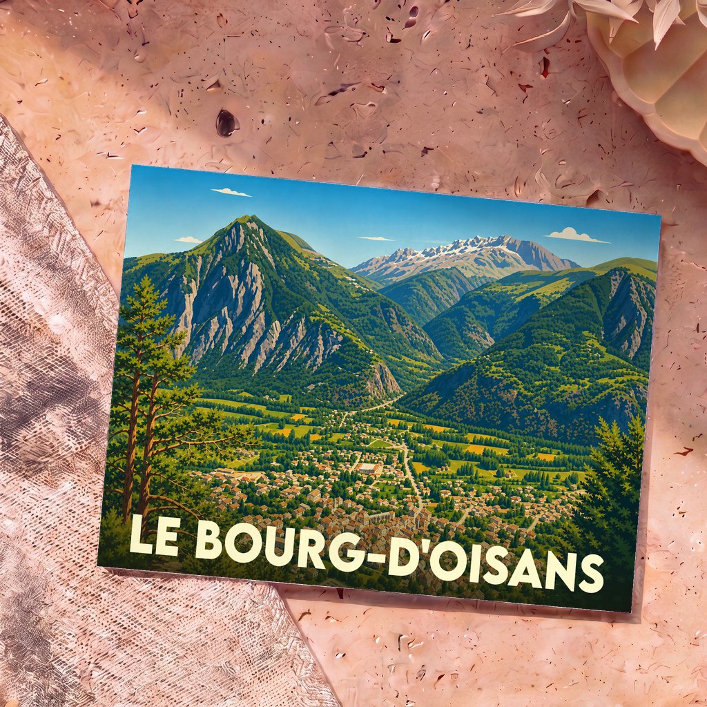 Carte postale souvenir de la ville de Le Bourg-d'Oisans avec une illustration stylisée d'un paysage de montagne.