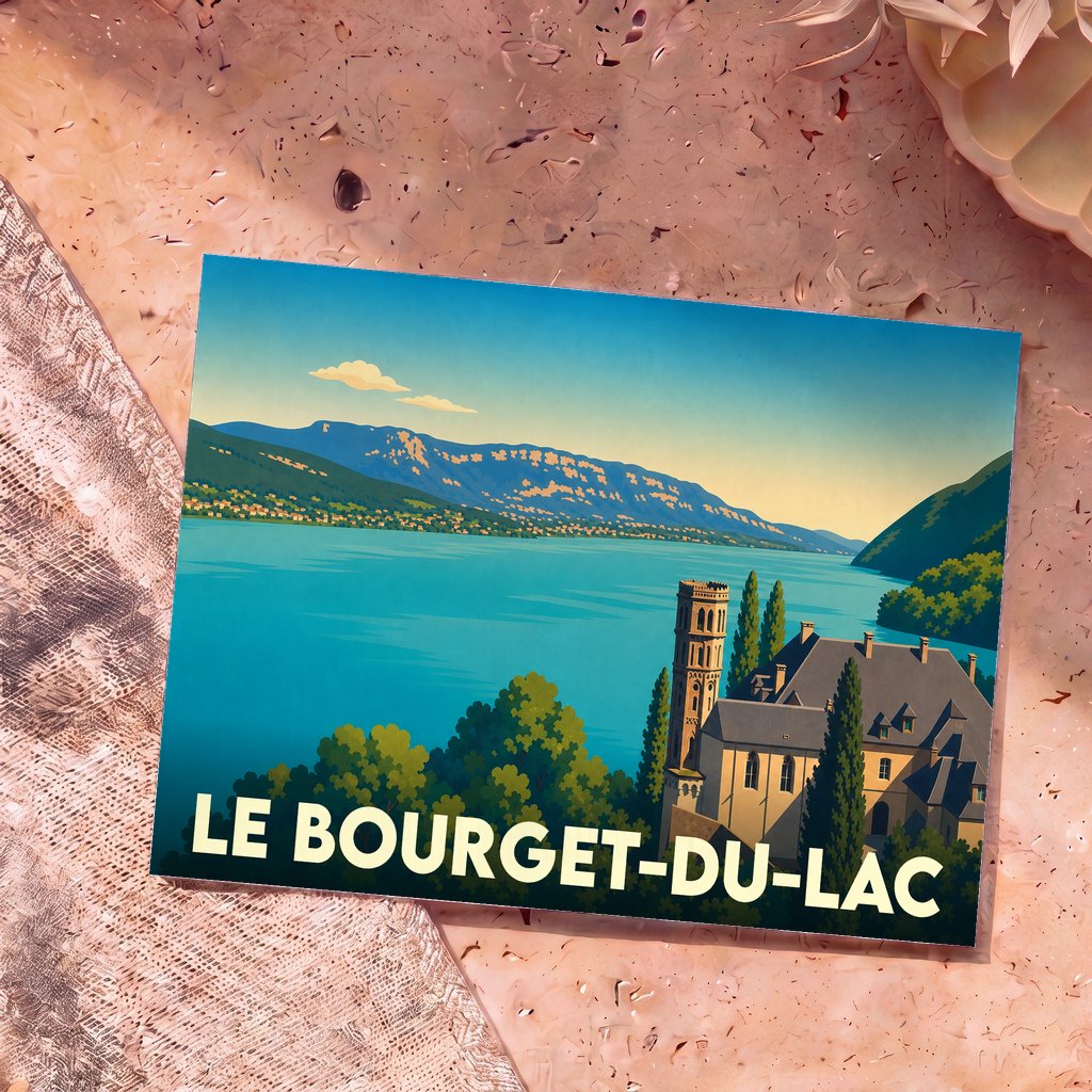 Carte postale souvenir de la ville du Bourget-du-Lac avec une illustration stylisée du lac et de son château.