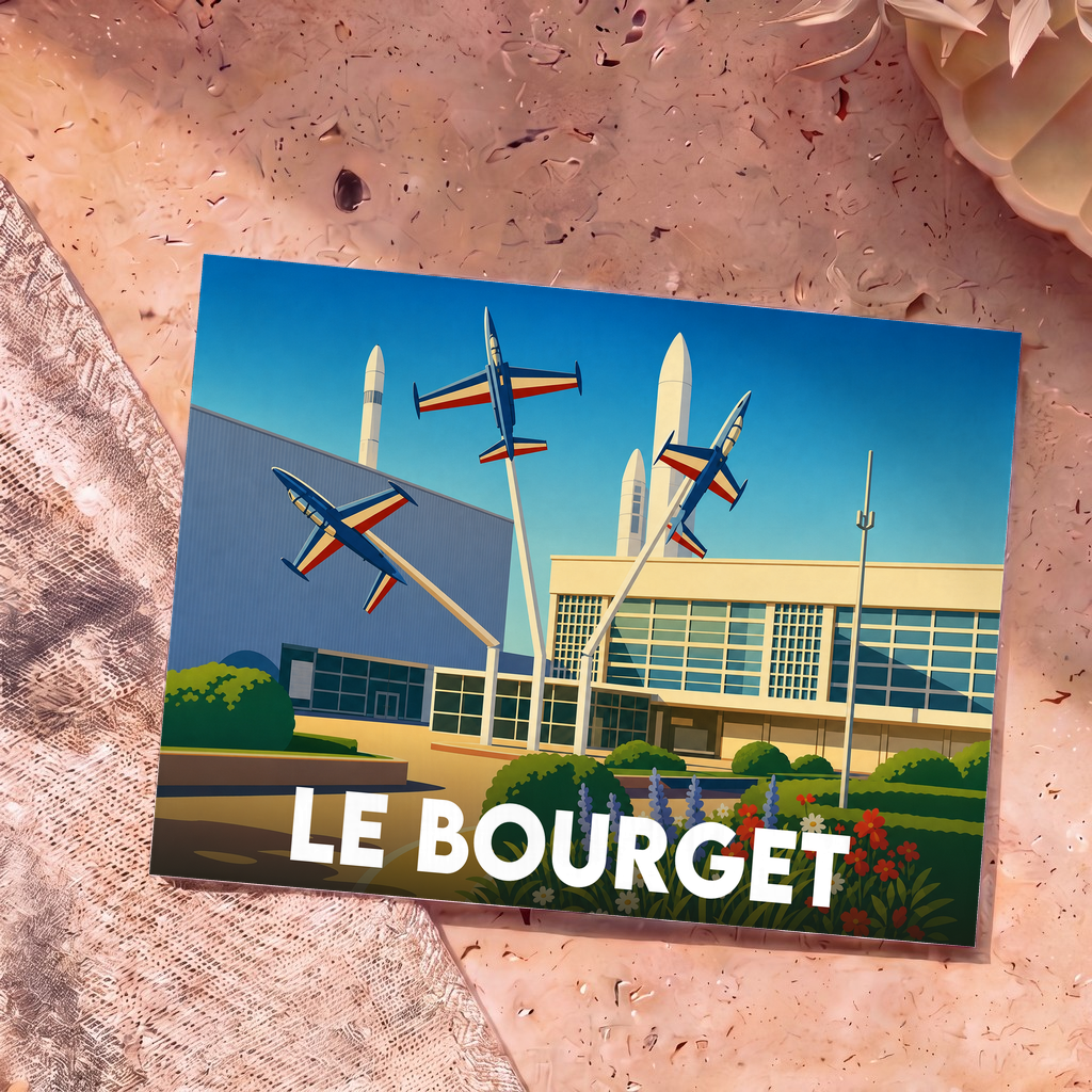 Carte postale souvenir de la ville de Le Bourget avec une illustration stylisée d'avions et de fusées.