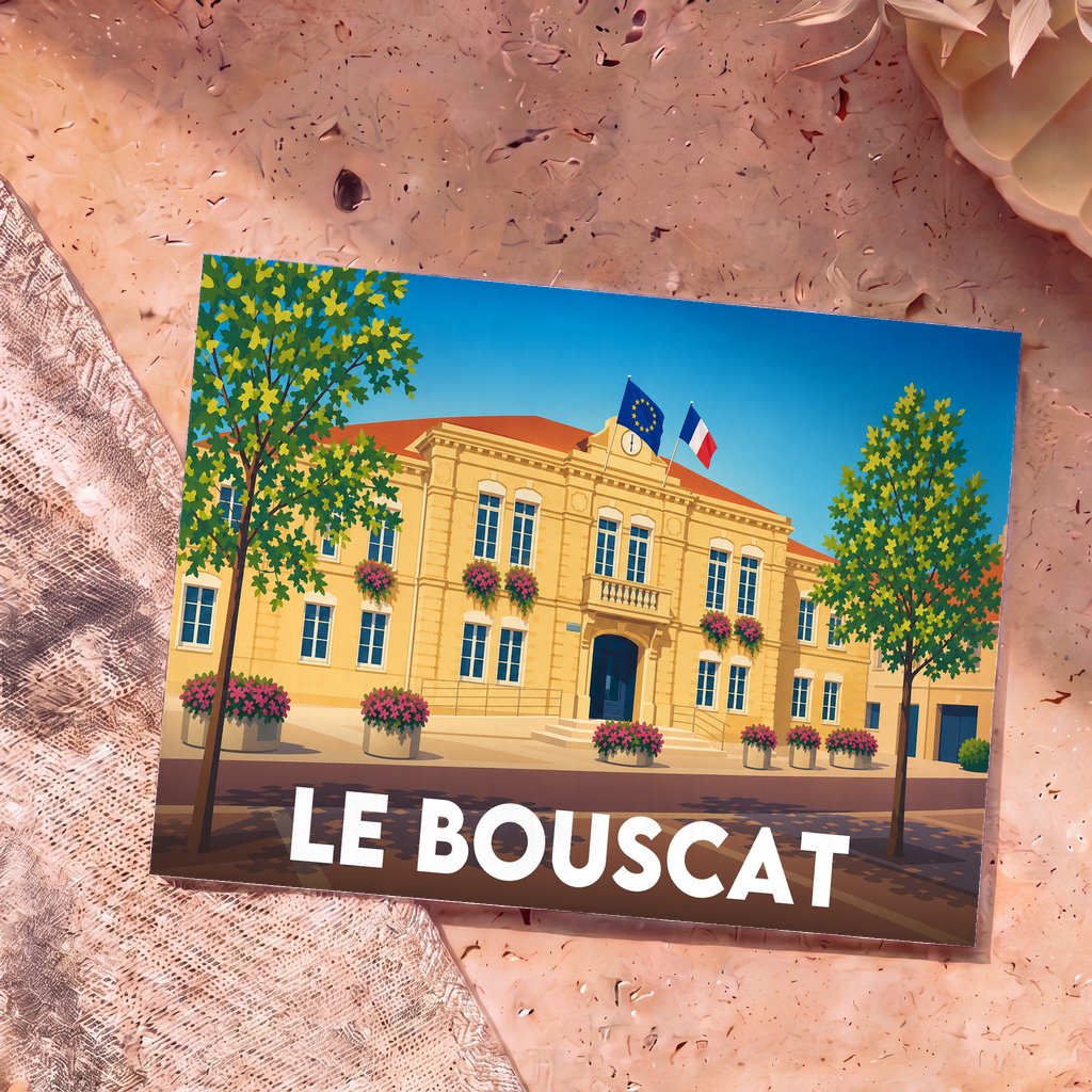 Carte postale souvenir de la ville de Le Bouscat avec une illustration stylisée de son hôtel de ville.