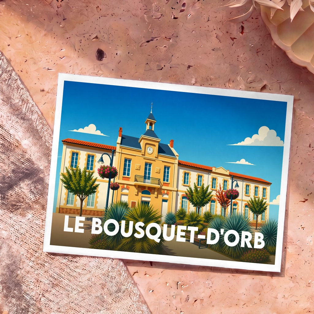 Carte postale souvenir de la ville de Le Bousquet-d'Orb avec une illustration stylisée de sa mairie.