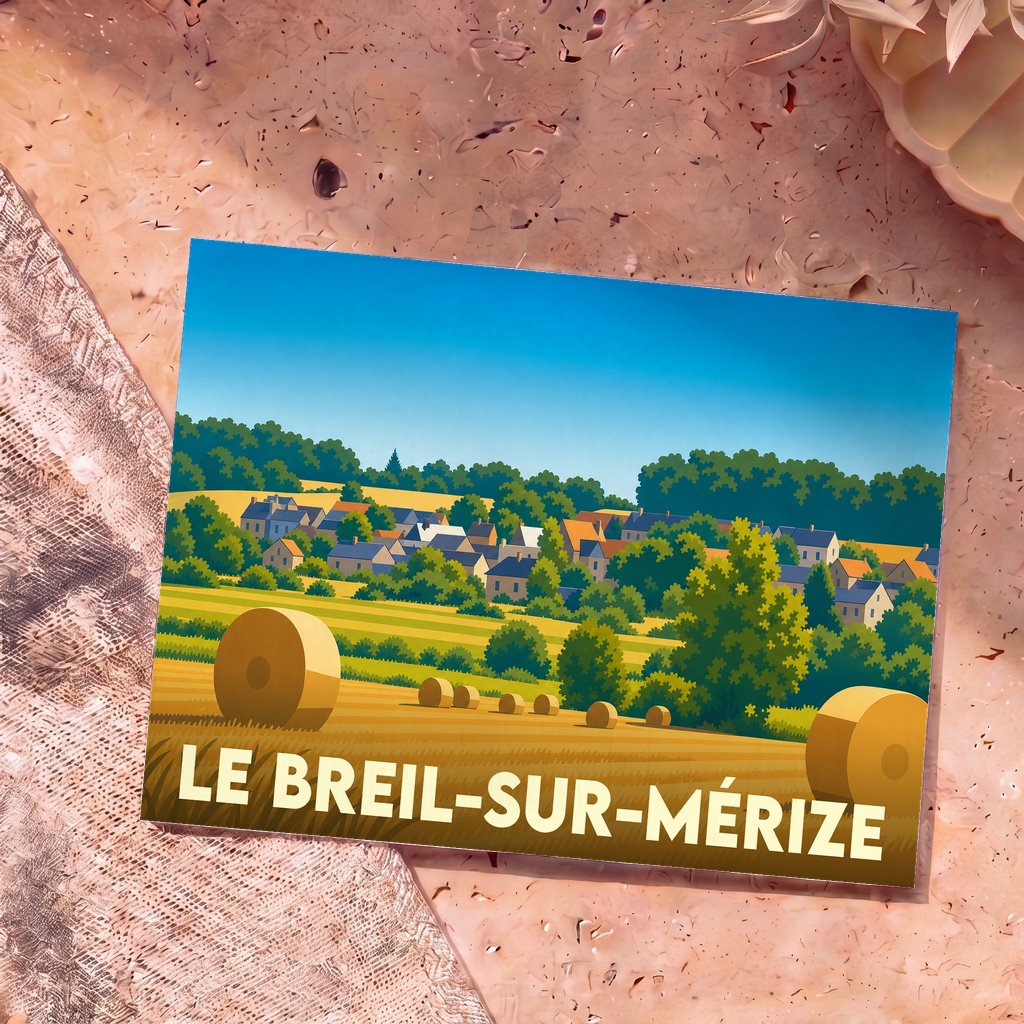 Carte postale souvenir de la ville de Le Breil-sur-Mérize avec une illustration stylisée de son paysage rural.