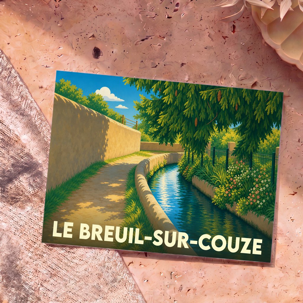 Carte postale souvenir de la ville de Le Breuil-sur-Couze avec une illustration stylisée d'un canal bordé de verdure.