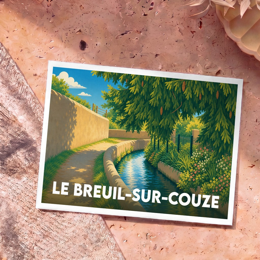 Carte postale souvenir de la ville de Le Breuil-sur-Couze avec une illustration stylisée d'un canal bordé de verdure.