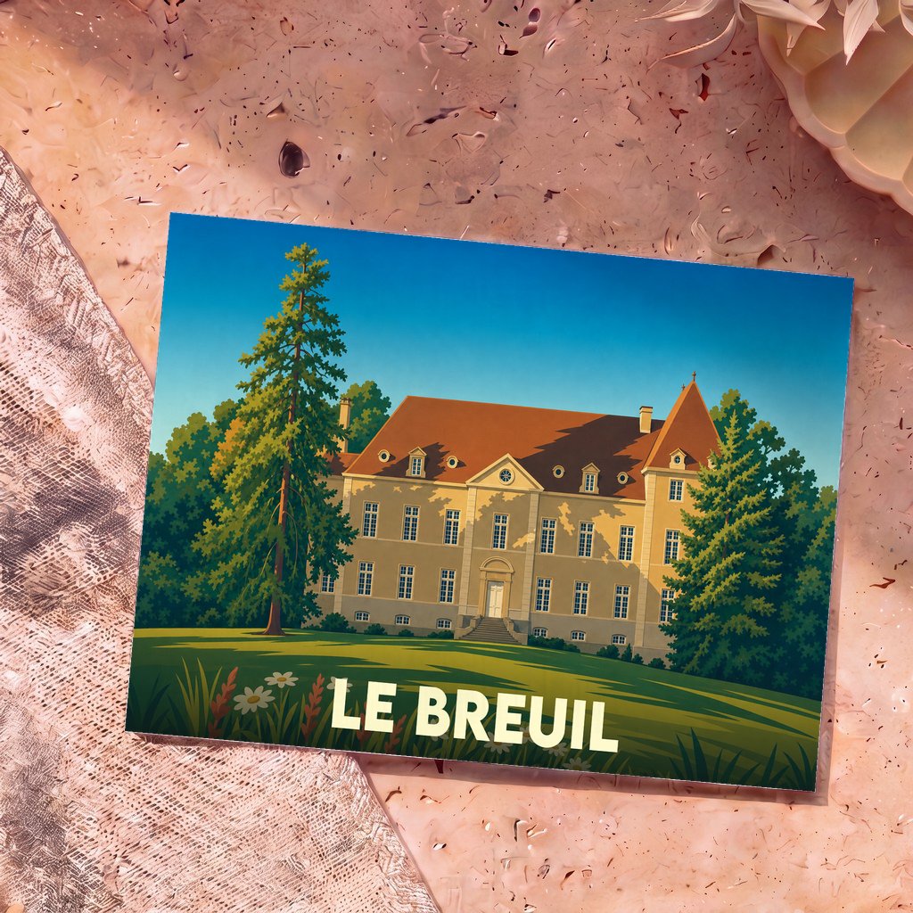 Carte postale souvenir de la ville de Le Breuil avec une illustration stylisée de son château.