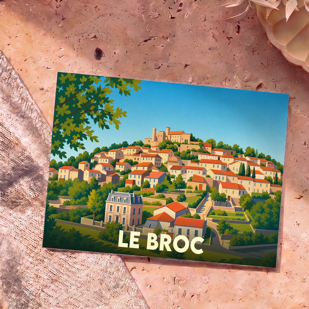 Carte postale souvenir de la ville de Le Broc avec une illustration stylisée.
