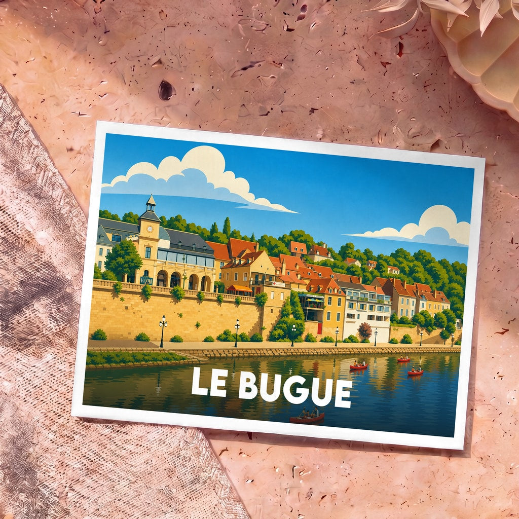 Carte postale souvenir de la ville de Le Bugue avec une illustration stylisée et colorée de ses quais.