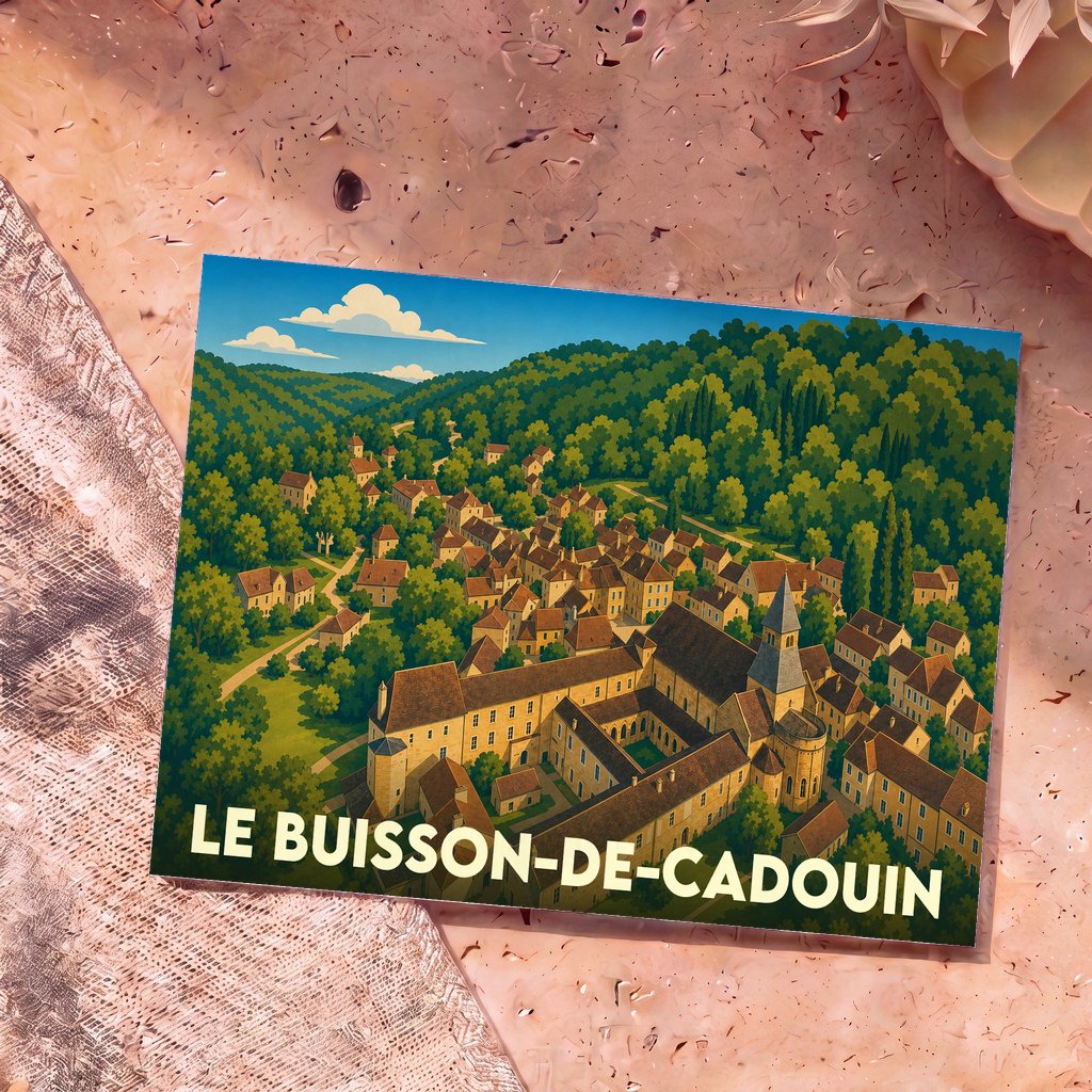 Carte postale souvenir de la ville de Le Buisson-de-Cadouin avec une illustration stylisée d'un village médiéval niché dans une forêt.
