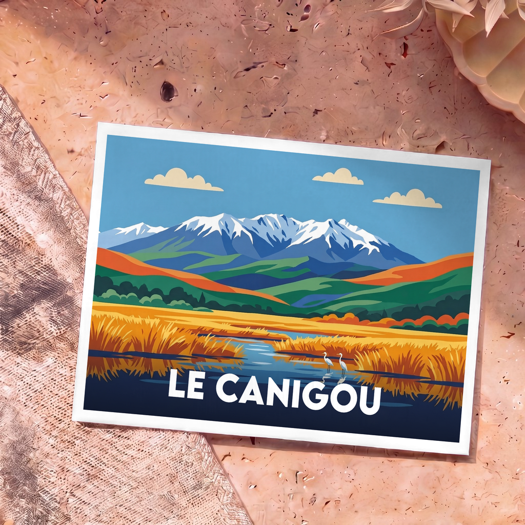 Carte postale souvenir du Canigou présentant une illustration stylisée et colorée de la montagne et de ses paysages.